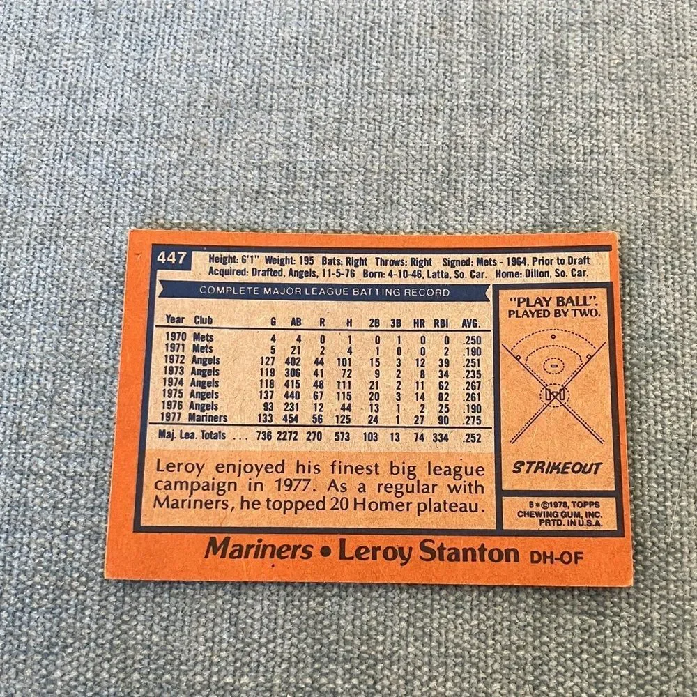 1978 Topps Seattle Mariners Baseball Card Trading Card